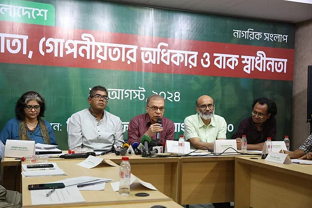 TIB executive director Iftekharuzzaman speaks at a citizen dialogue in Dhaka on 24 August, 2024.